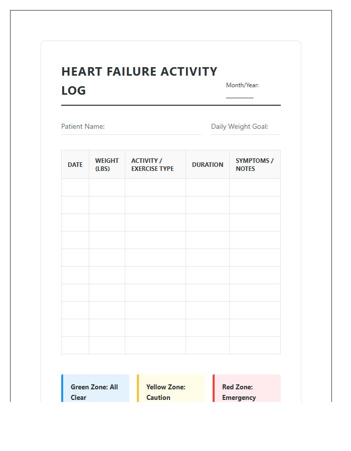 Heart Failure Physical Activity Chart Printable