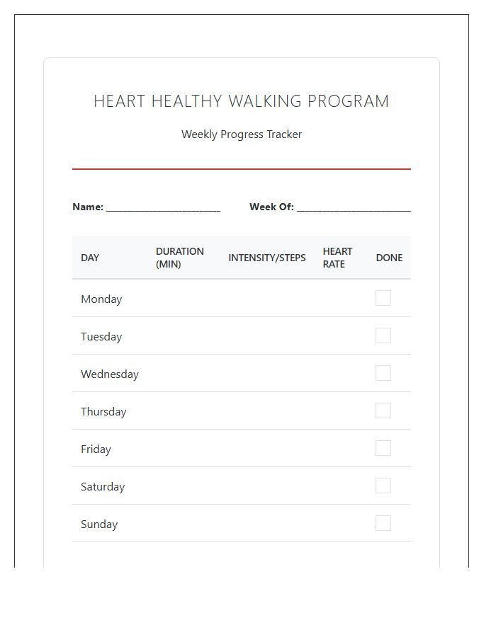 Heart Healthy Walking Program Printable Chart
