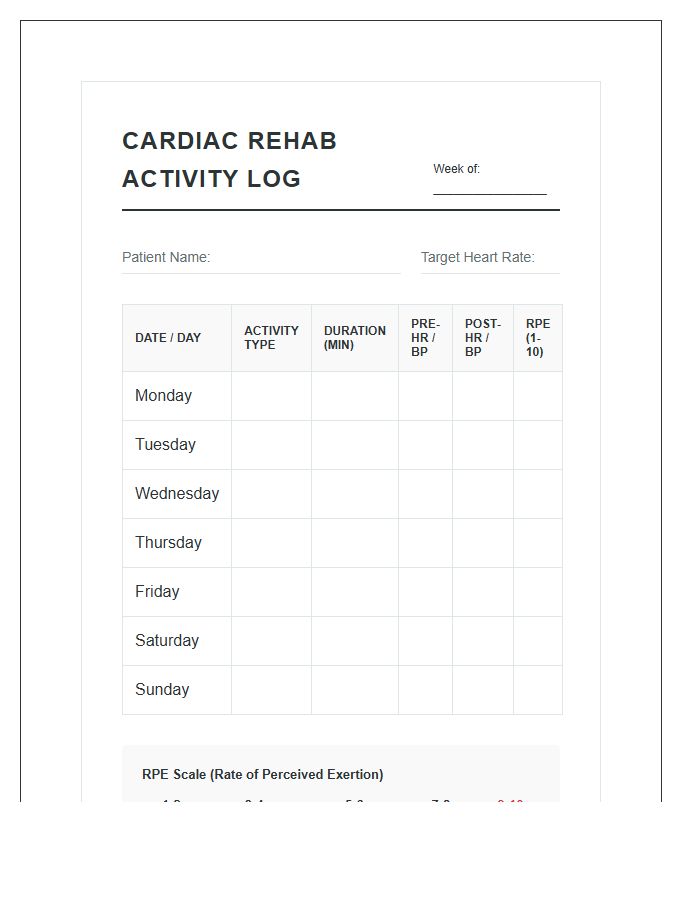 Home Based Cardiac Rehab Activity Chart Printable