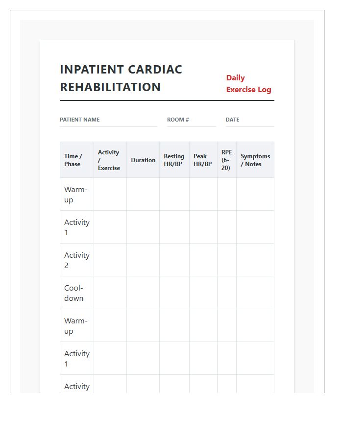 Inpatient Cardiac Rehabilitation Exercise Chart Printable