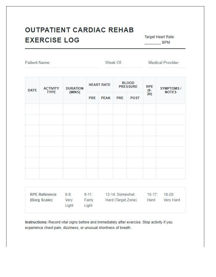 Outpatient Cardiac Rehab Exercise Log Printable Chart