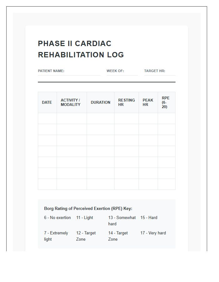 Phase Two Cardiac Rehabilitation Exercise Chart Printable