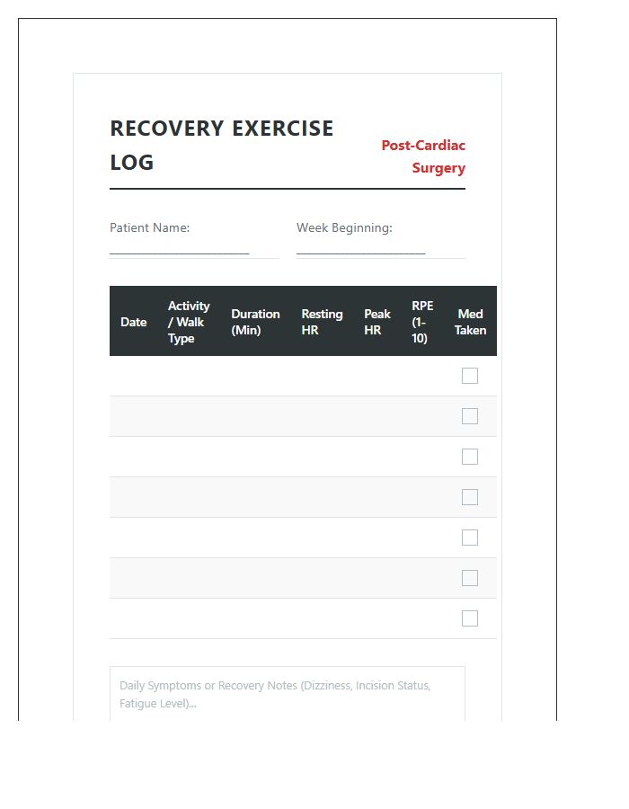 Post Heart Surgery Exercise Tracking Chart Printable