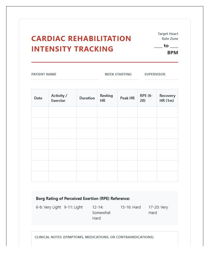 Printable Cardiac Rehabilitation Intensity Tracking Chart