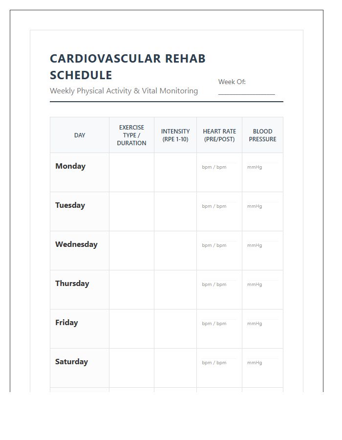 Printable Cardiovascular Rehab Weekly Schedule Chart