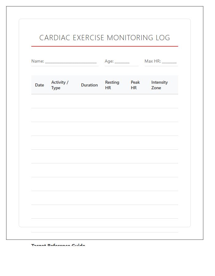 Printable Heart Rate Monitoring Cardiac Exercise Chart