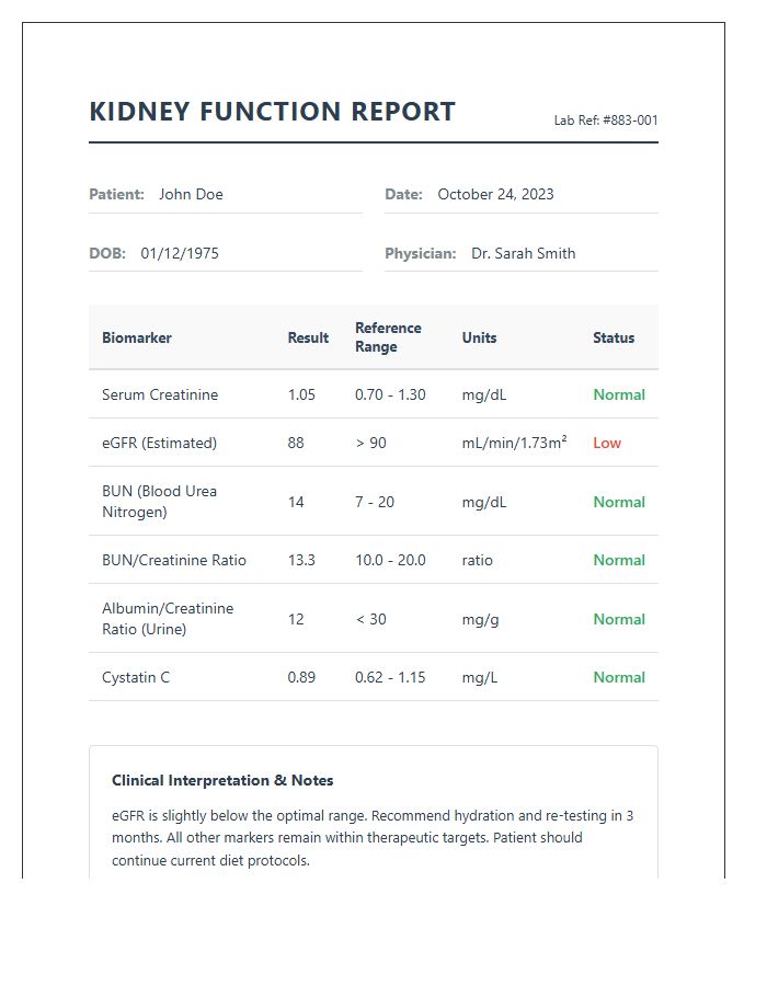 Kidney Biomarker Lab Results Printable Chart