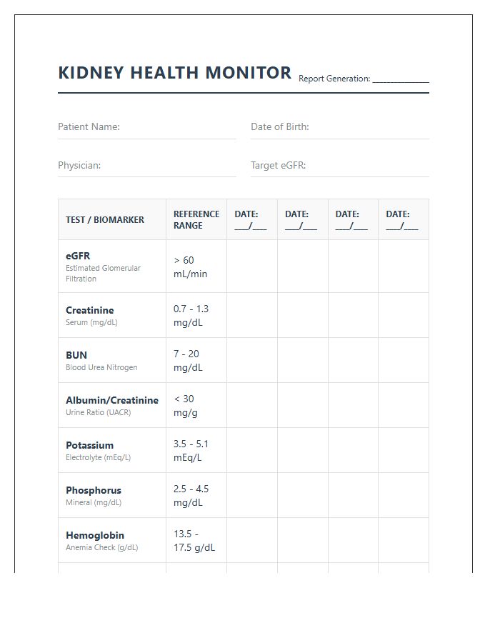 Kidney Health Lab Results Monitoring Printable Chart