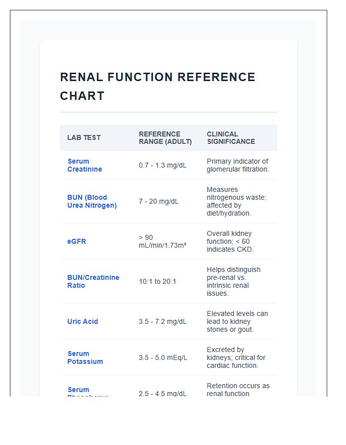 Renal Function Lab Values Printable Chart