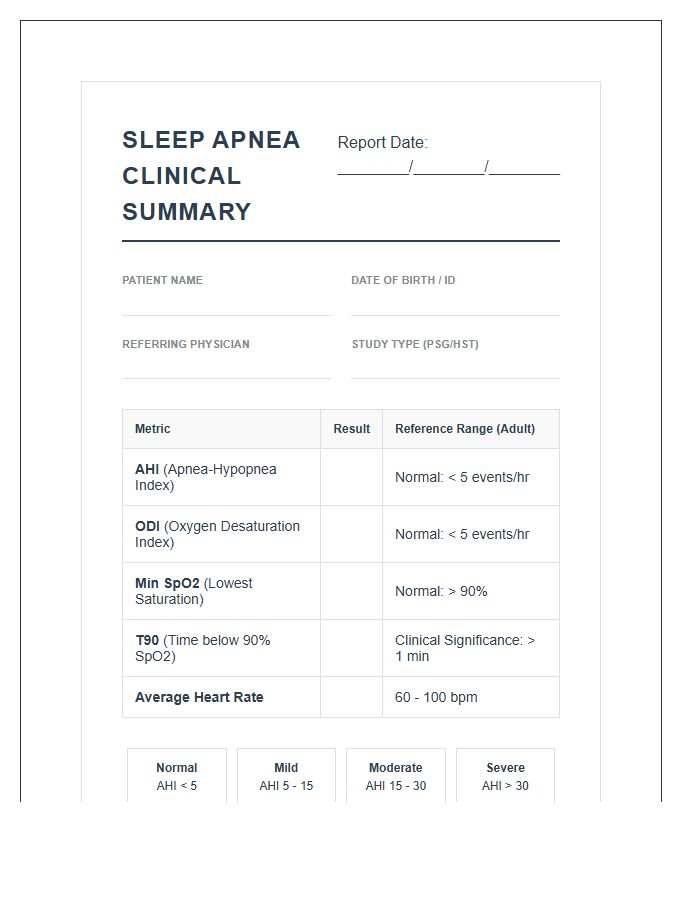Printable Clinical Sleep Apnea Summary Chart