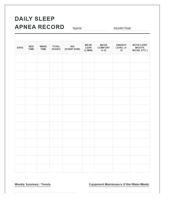 Printable Daily Sleep Apnea Record Chart