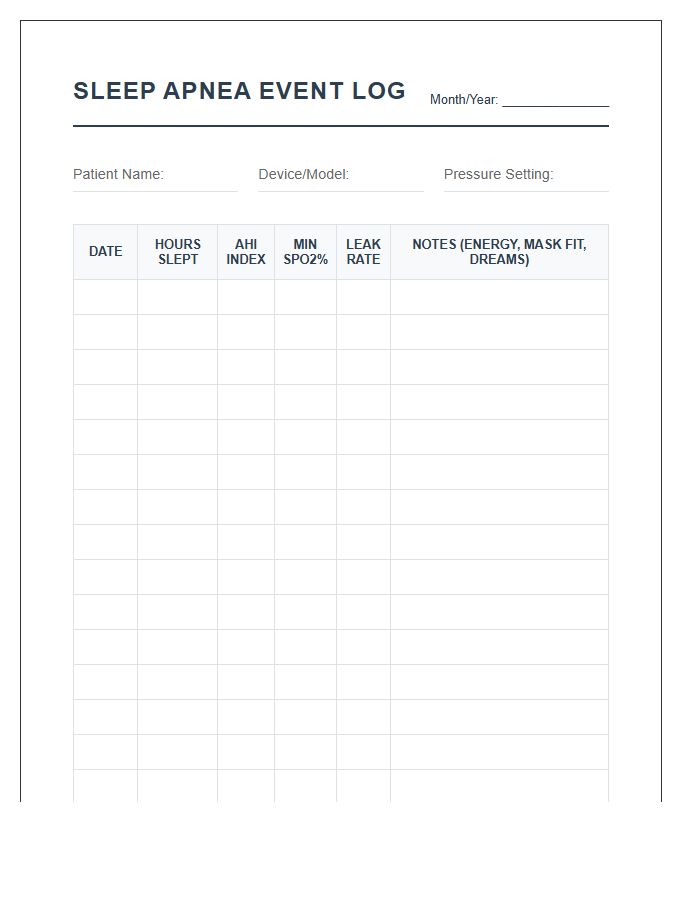 Printable Sleep Apnea Event Log Chart