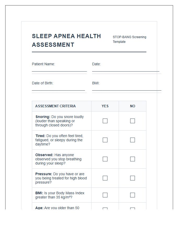 Printable Sleep Apnea Health Assessment Chart