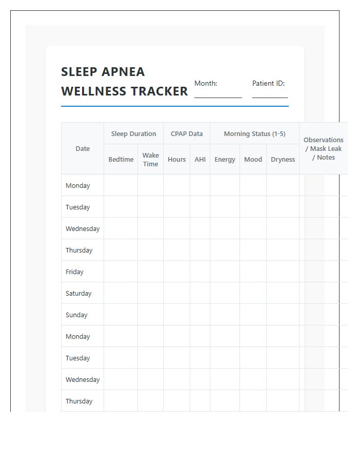 Printable Sleep Apnea Wellness Tracking Chart