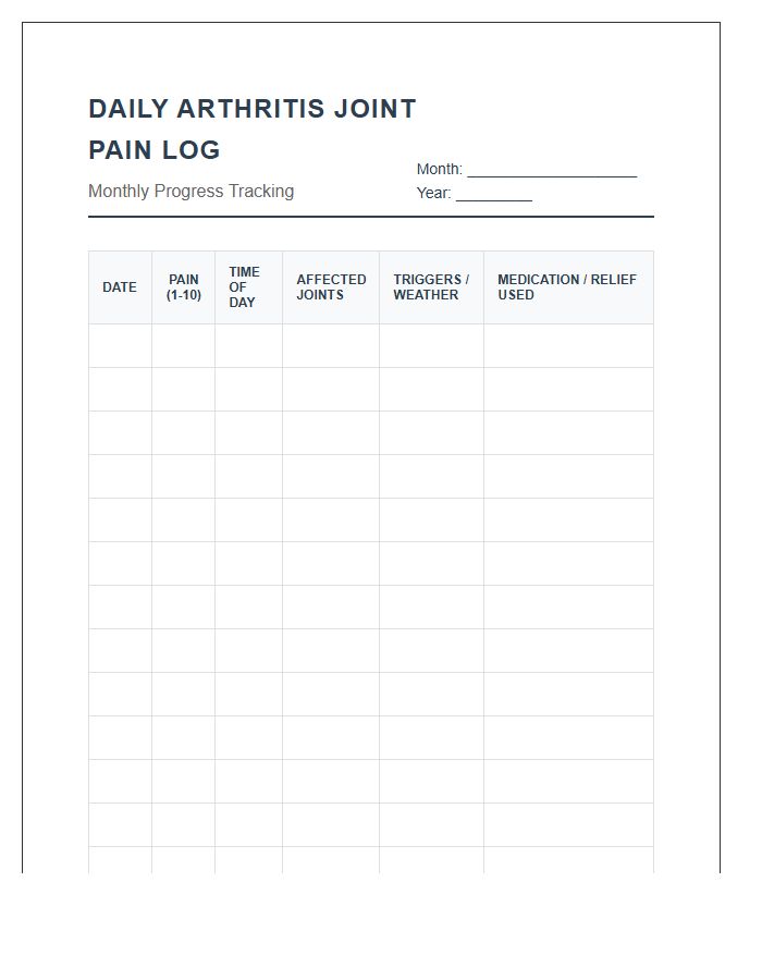 Daily Arthritis Joint Pain Log Printable Chart