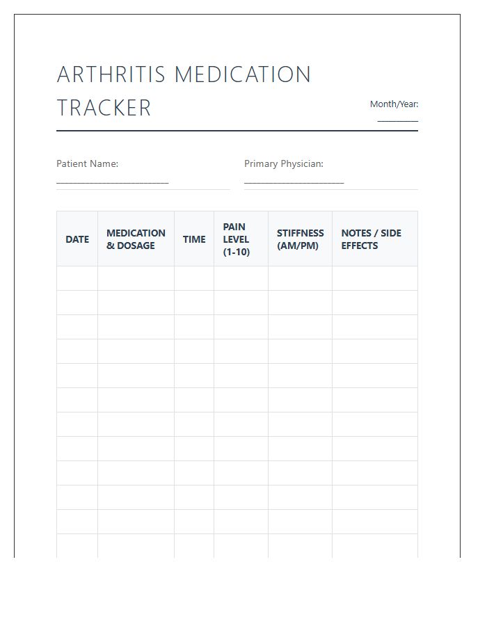 Printable Arthritis Medication Tracking Chart