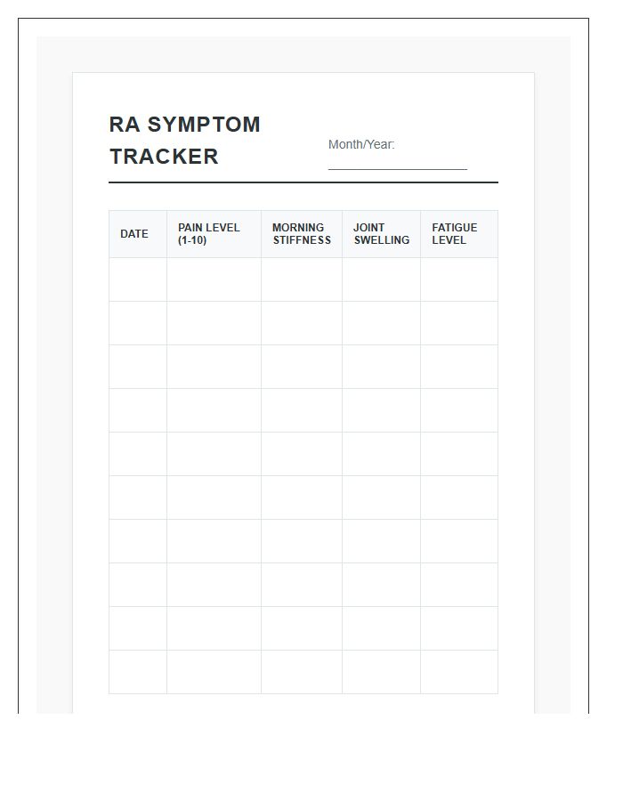 Rheumatoid Arthritis Symptom Printable Chart