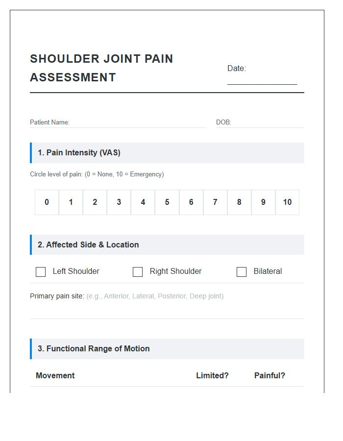 Shoulder Joint Pain Assessment Printable Chart