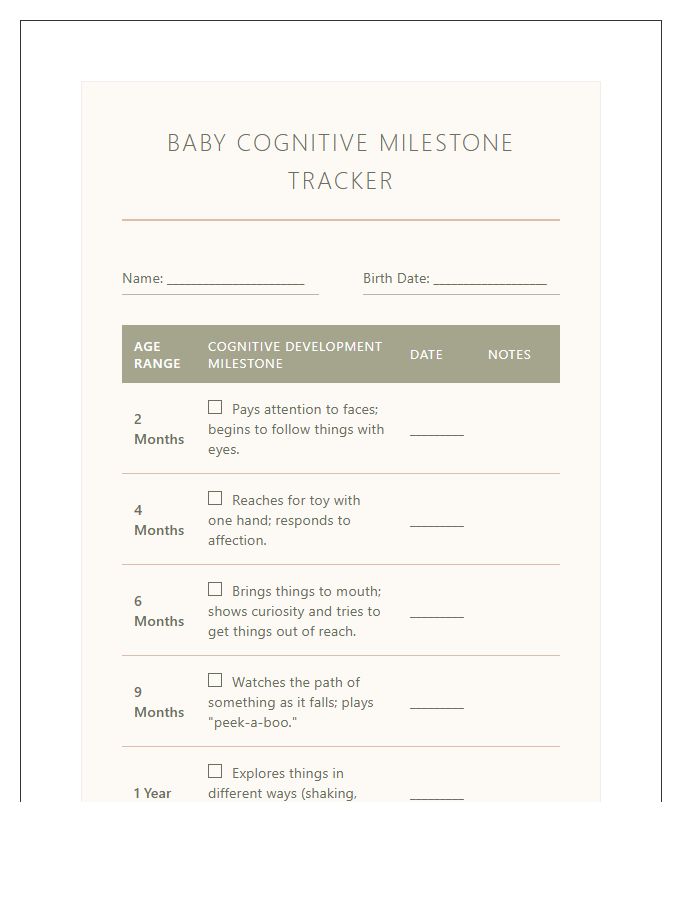 Baby Cognitive Milestone Tracking Printable Chart