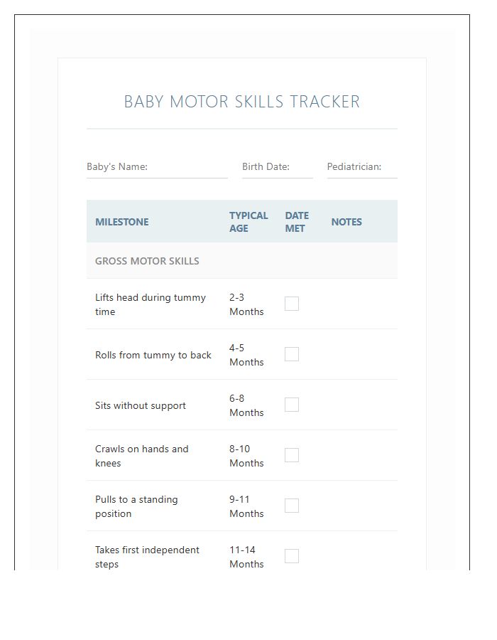 Baby Motor Skills Tracking Printable Chart