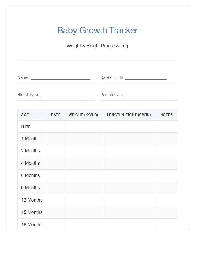 Baby Weight And Height Printable Chart