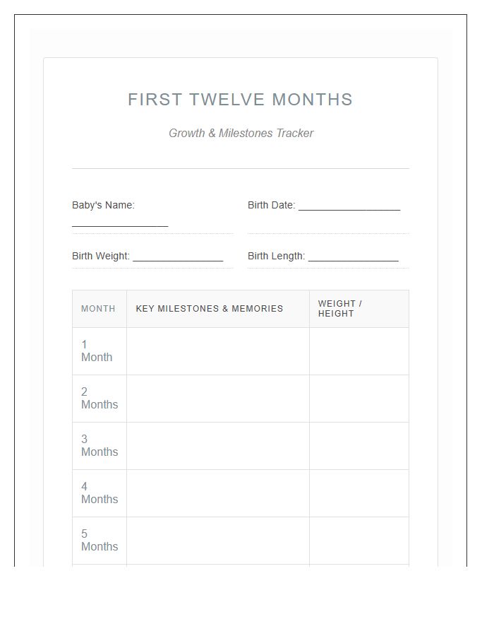 First Twelve Months Baby Printable Chart