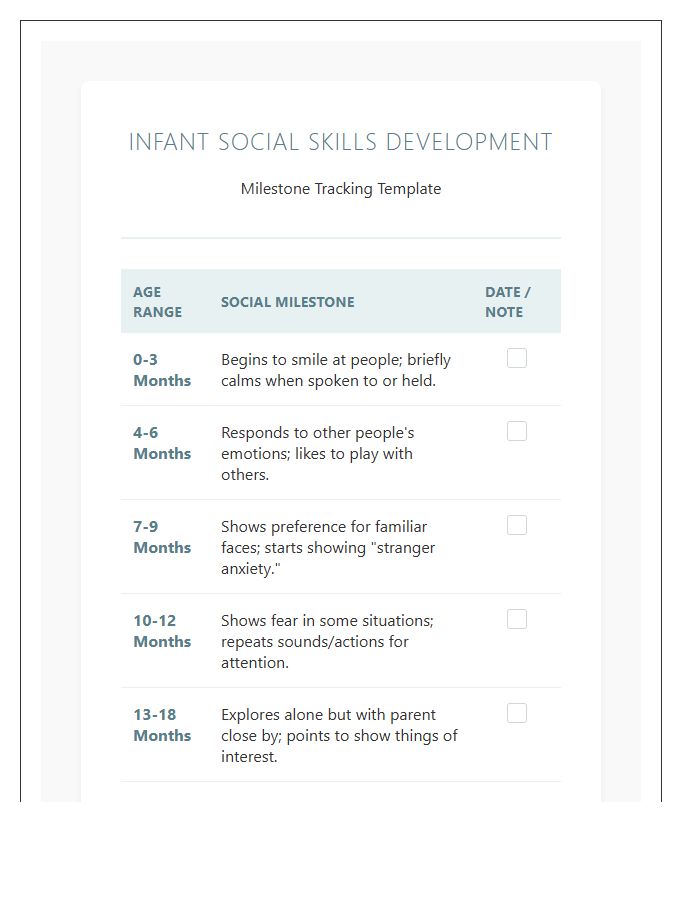 Infant Social Skills Development Printable Chart