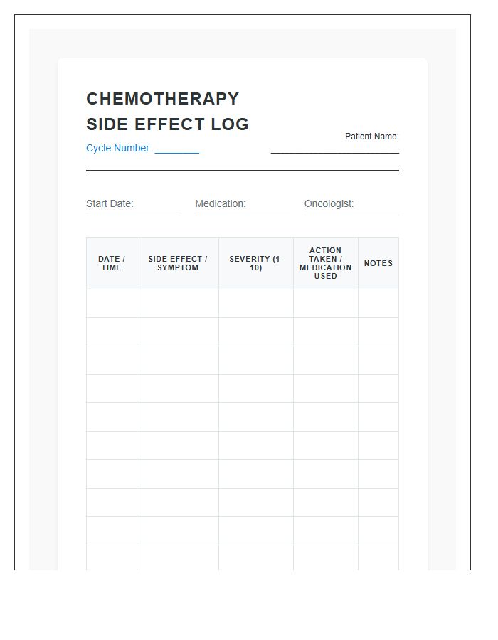 Chemotherapy Side Effect Log Chart Printable