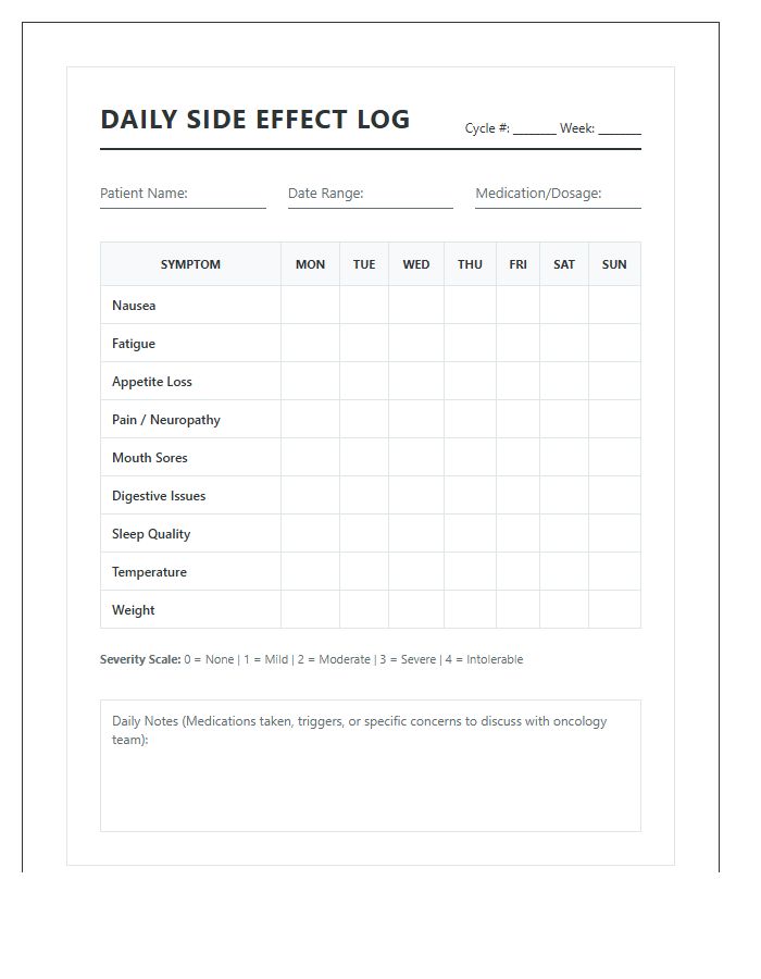 Daily Chemotherapy Side Effect Log Chart Printable