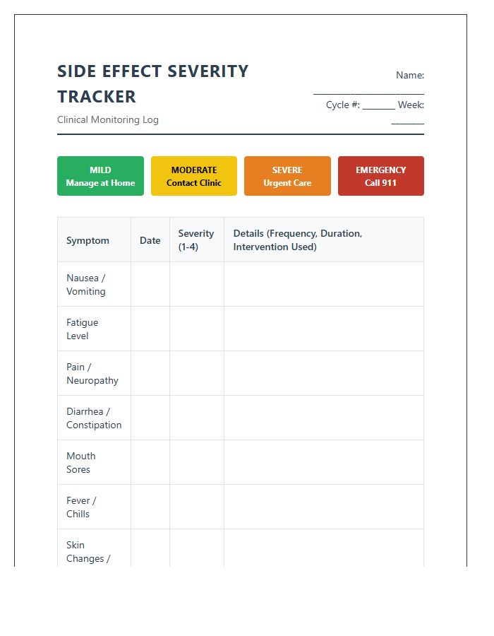 Printable Cancer Treatment Side Effect Severity Chart