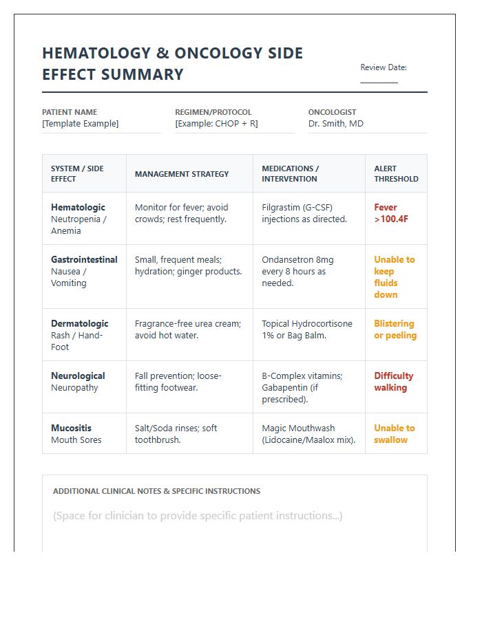 Printable Hematology Oncology Side Effect Summary Chart