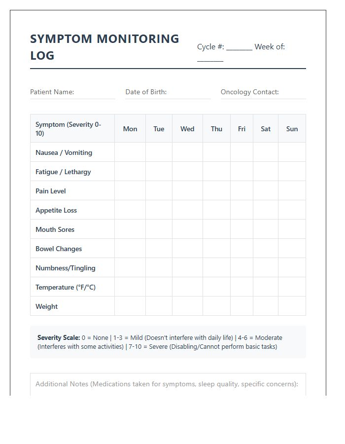 Printable Patient Chemo Symptom Monitoring Chart