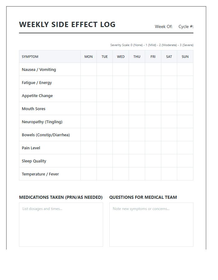 Printable Weekly Chemo Treatment Side Effect Chart