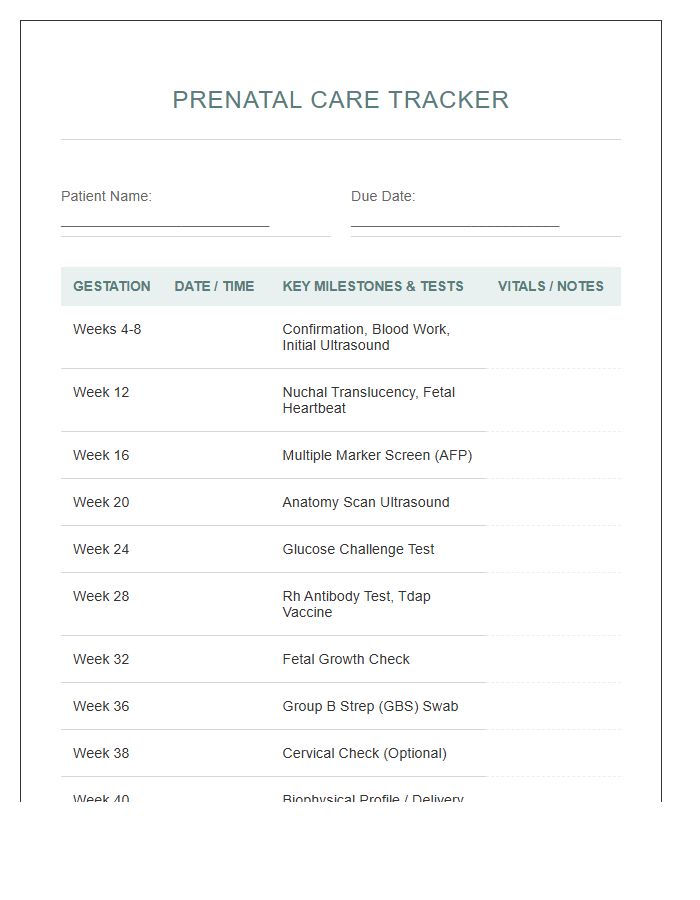 Monthly Prenatal Checkup Schedule Printable Tracking Chart