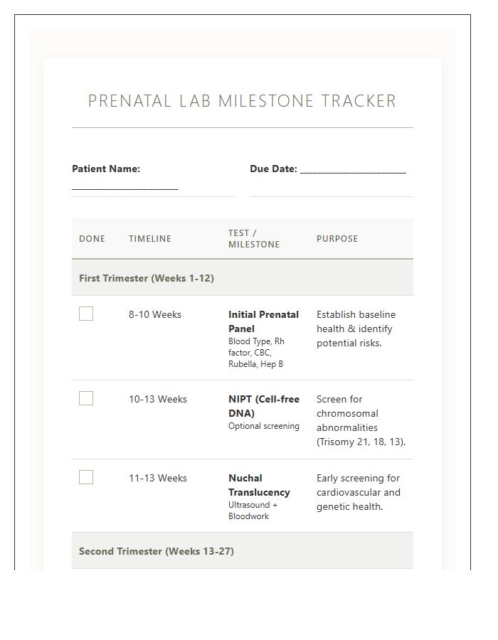 Prenatal Lab Test Printable Milestone Chart