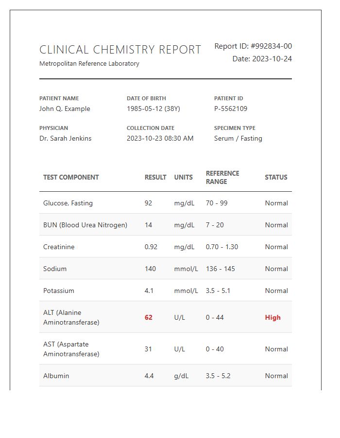 Clinical Chemistry Laboratory Results Printable Chart