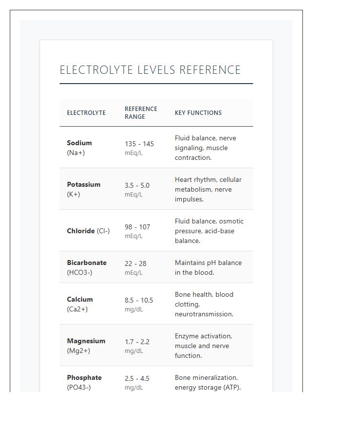 Printable Electrolyte Levels Reference Chart