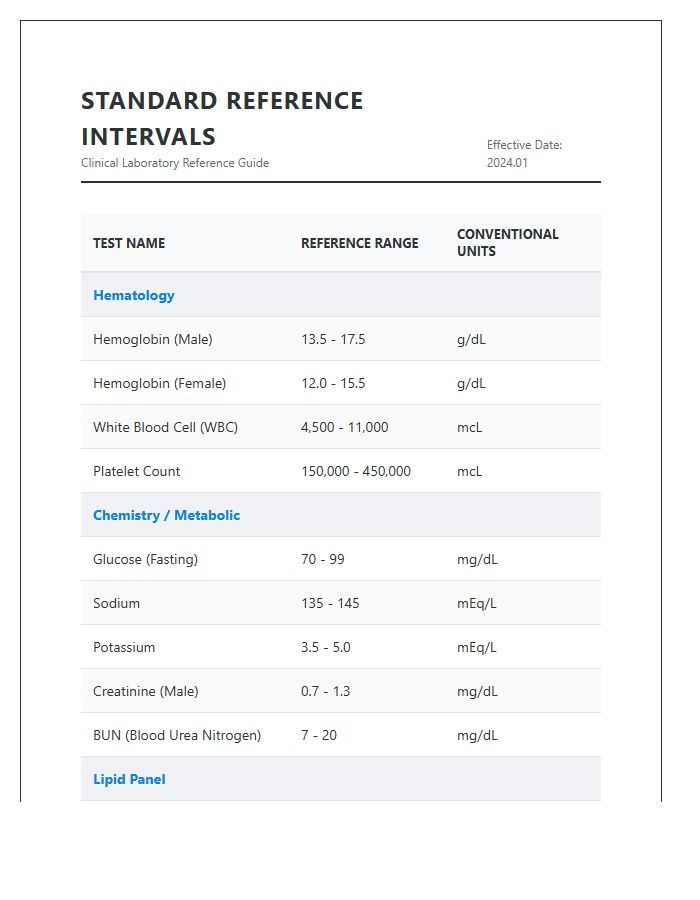 Printable Medical Laboratory Normal Values Chart