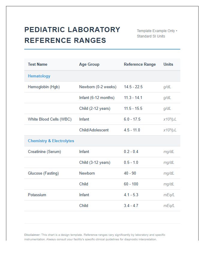 Printable Pediatric Laboratory Reference Range Chart