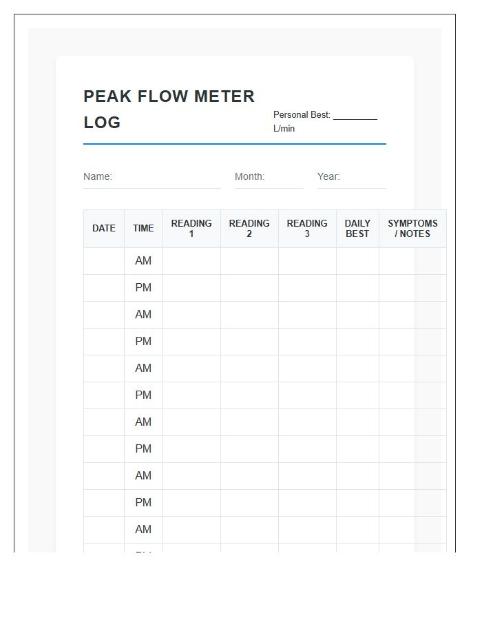 Chronic Respiratory Peak Flow Meter Chart Printable
