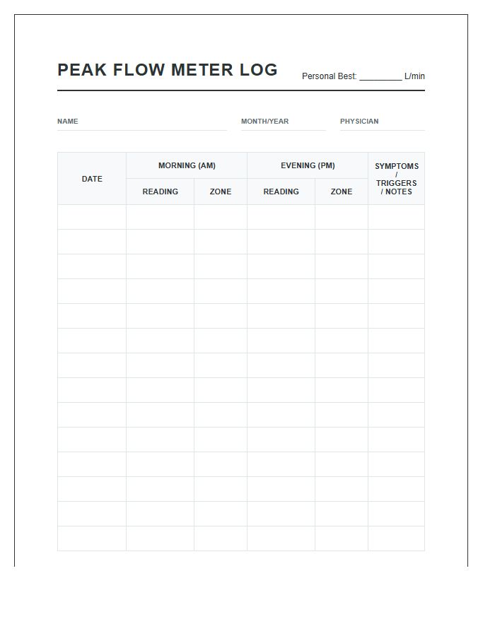 Home Respiratory Peak Flow Meter Log Chart Printable