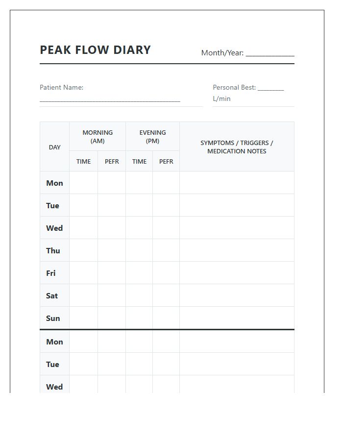 Peak Flow Meter Diary Chart Printable For Patients