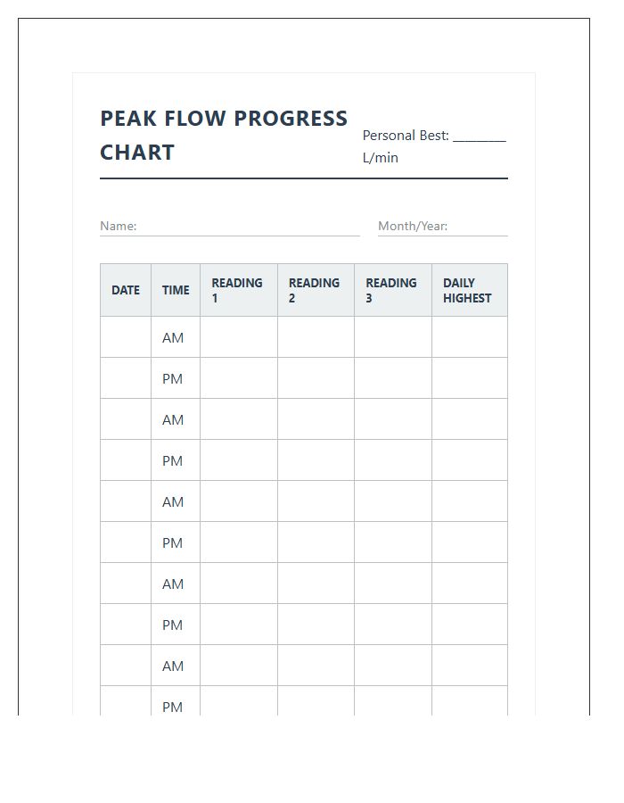 Printable Pulmonary Peak Flow Meter Progress Chart