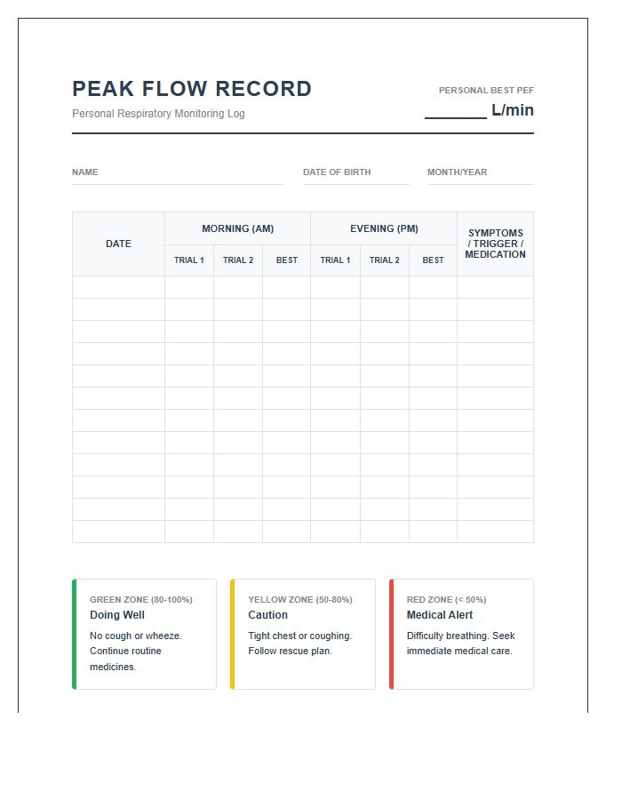 Professional Respiratory Peak Flow Meter Record Chart Printable