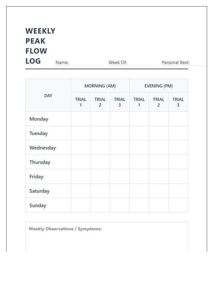 Weekly Respiratory Peak Flow Meter Chart Printable