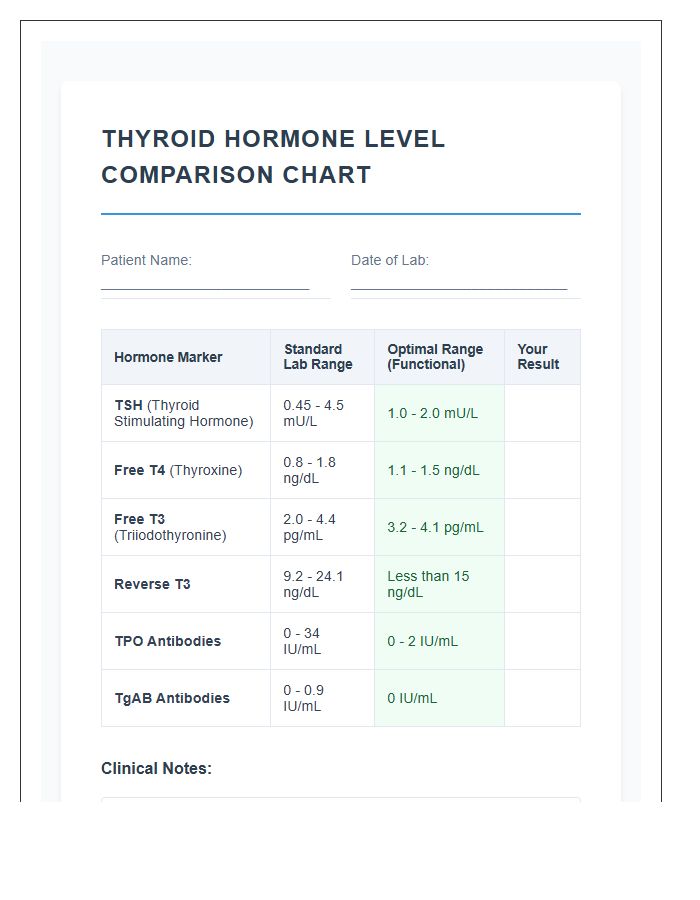 Comprehensive Thyroid Hormone Level Comparison Printable Chart