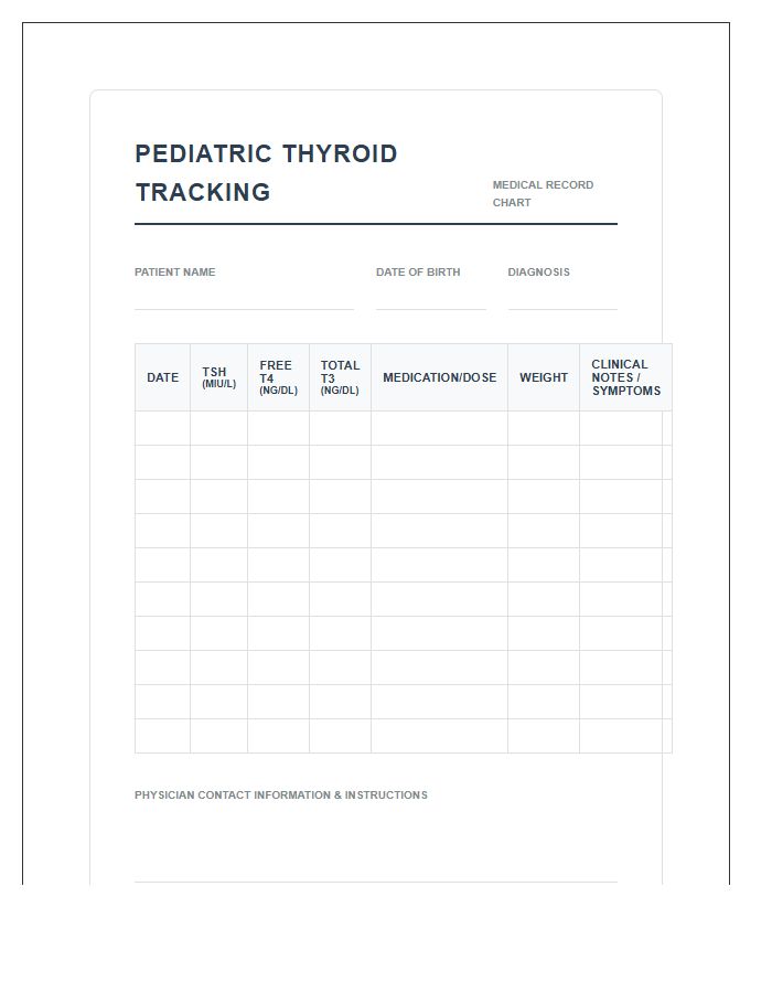 Pediatric Thyroid Hormone Level Tracking Printable Chart