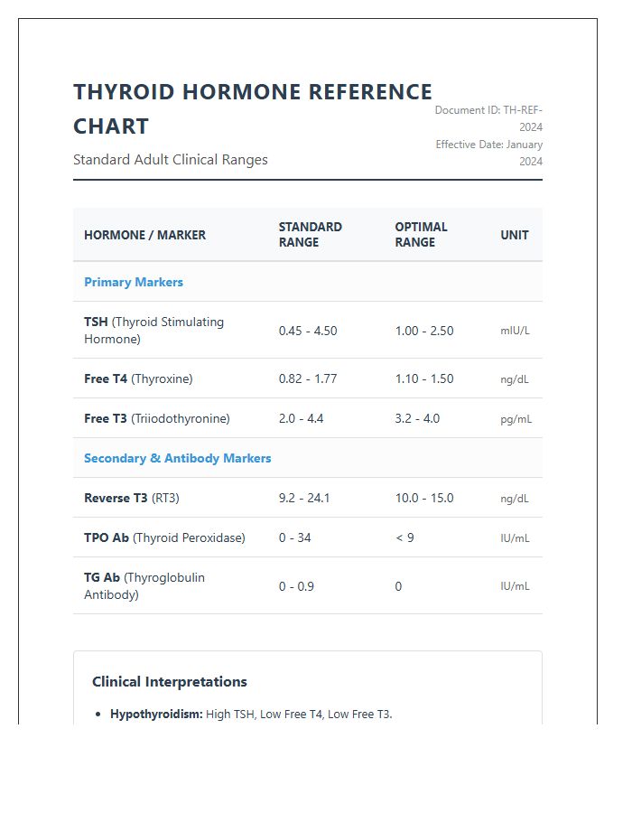 Printable Clinical Thyroid Hormone Level Reference Chart