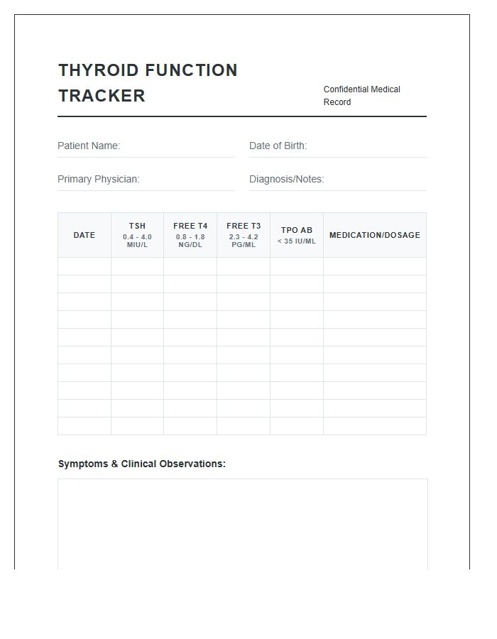 Printable Thyroid Function Test Results Tracking Chart