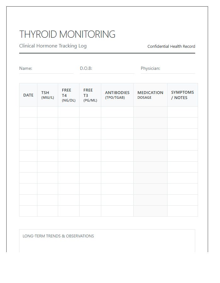 Printable Thyroid Hormone Level Monitoring Chart